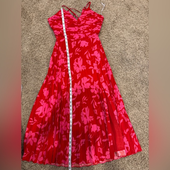 Lulus Vibrant Moment Red and Pink Floral Pleated Lace-Up Midi Dress size M - Picture 10 of 14